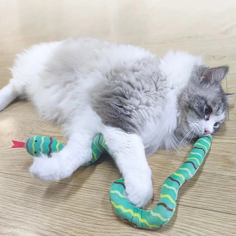 Buntes Plüsch-Schlangenspielzeug mit Katzenminze, animiert Katzen zum Spielen und Jagen.