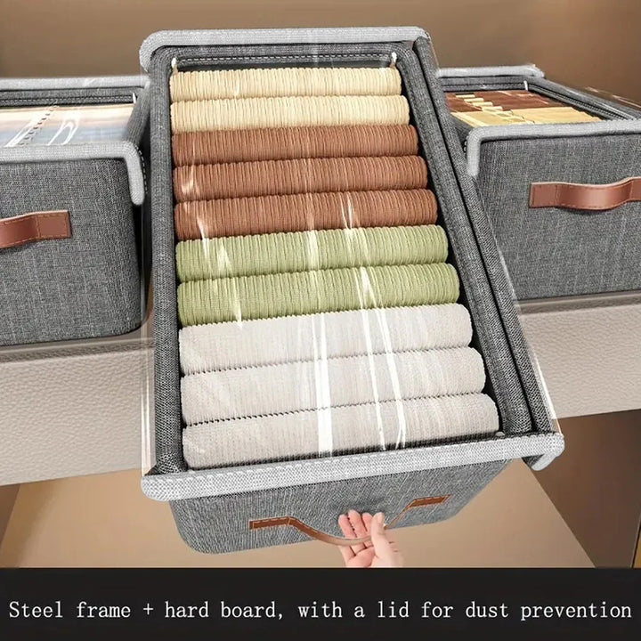Stapelbare graue Haushaltsbox mit Deckel & Griff schafft Stauraum für Textilien und Accessoires, ideal für Ordnung.