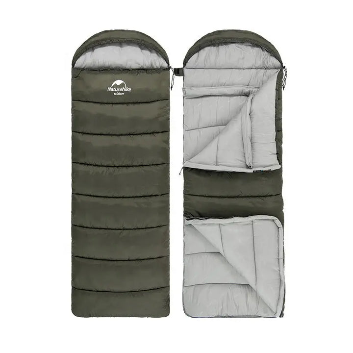 Bequemer, leichter Mumienschlafsack in Grau/Grün, kompakt für Reisen, Camping & Wandern im Herbst und Winter.
