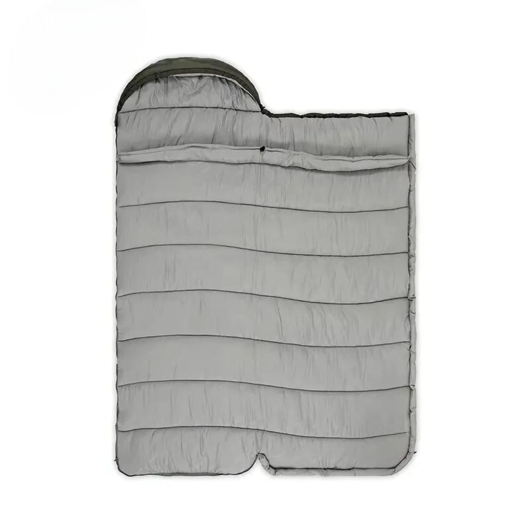 Vielseitiger Mumienschlafsack in Grau/Grün, warm & leicht für Camping, Wandern & Reisen in Herbst und Winter.