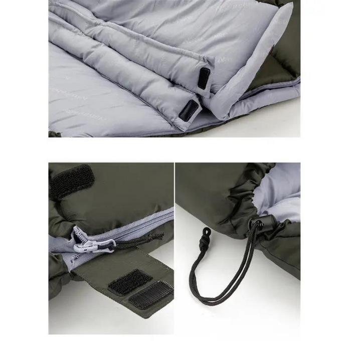 Offener Mumienschlafsack in Grau/Grün, warm für Herbst & Winter. Ideal für Outdoor, Camping & Wandern bei Kälte.