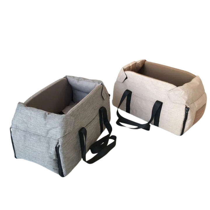 Strapazierfähiger Oxford-Stoff SafePaws Hundesitzsack, grau, für sichere & komfortable Auto-Reisen.