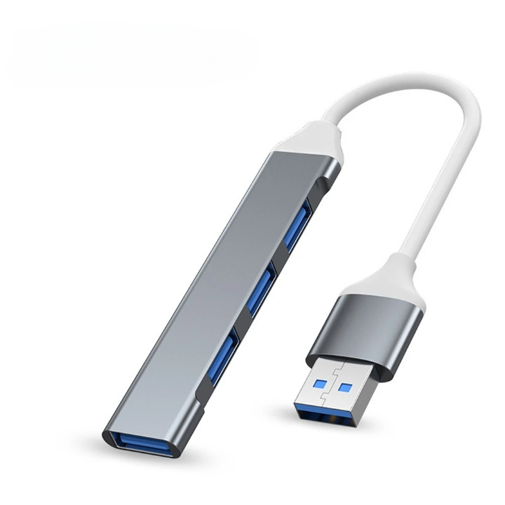 Universeller 4-Port USB Hub (grau), kompatibel mit USB 3.0 & 2.0 für PC- & Laptop-Zubehör.