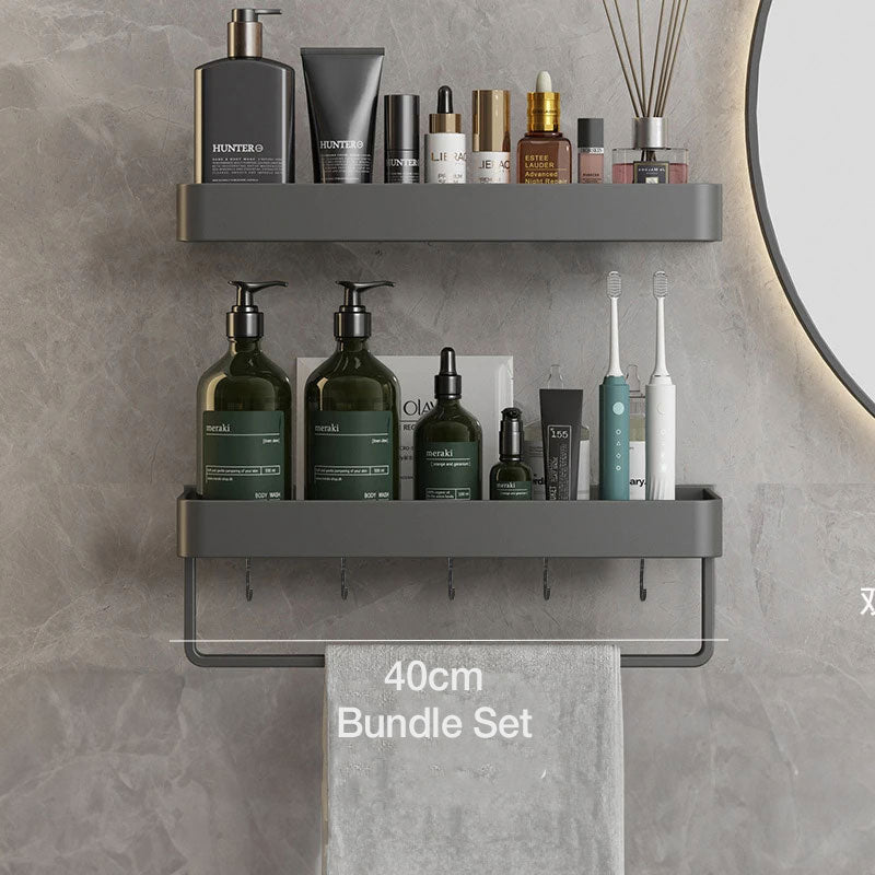 Graue Duschablage für Shampoo & Seife, selbstklebend ohne Bohren. Elegantes Wandregal für mehr Ordnung im Bad.