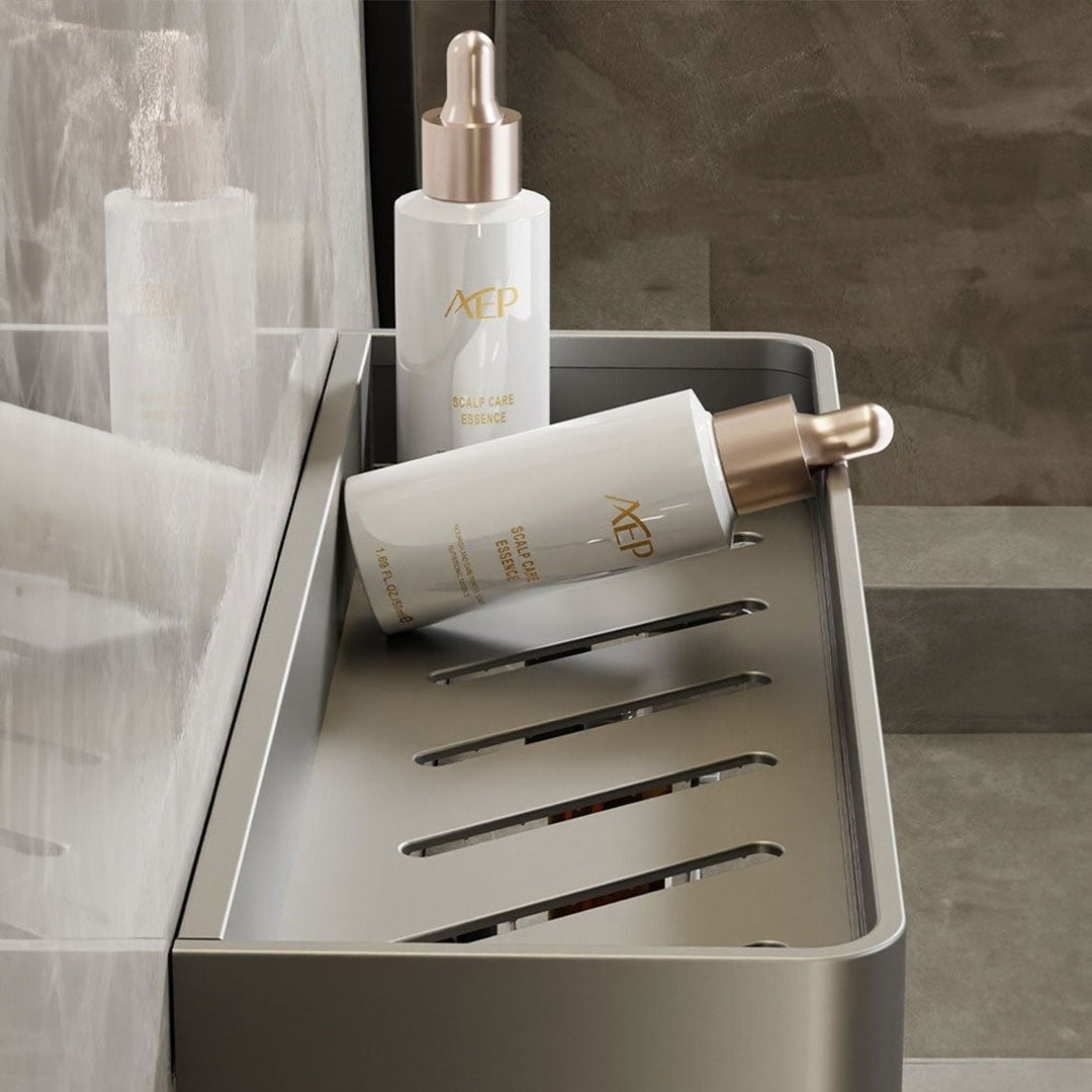 Graues Wandregal für mehr Bad-Ordnung. Praktisches Kleberegal ohne Bohren für Shampoo, Seife und Bad-Accessoires.