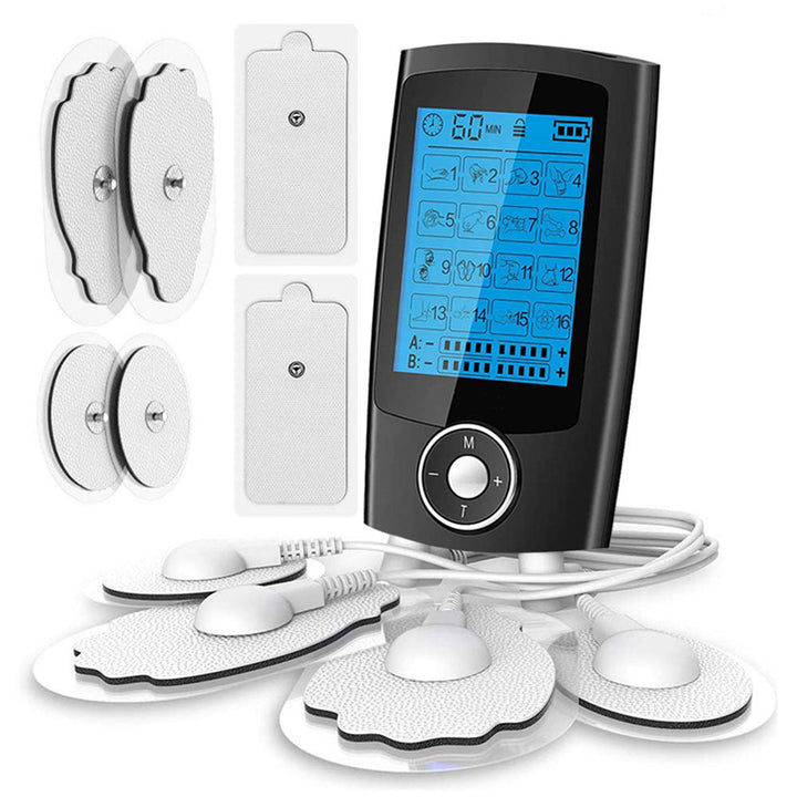 Modernes Elektrostimulationsgerät (EMS/TENS) in Grau/Schwarz für gezielte Schmerztherapie & Muskelregeneration.