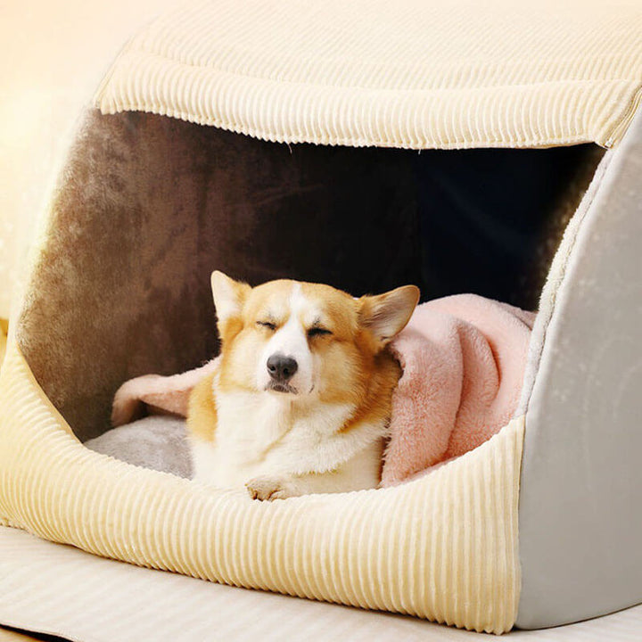 Premium Khaki-Hundebett, extra groß. Warmes & bequemes Hundezelt für große Hunde.