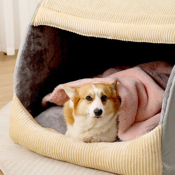 Halbgeschlossenes graues Hundebett, groß. Robuster Flanell-Schlafplatz, abnehmbar und waschbar.