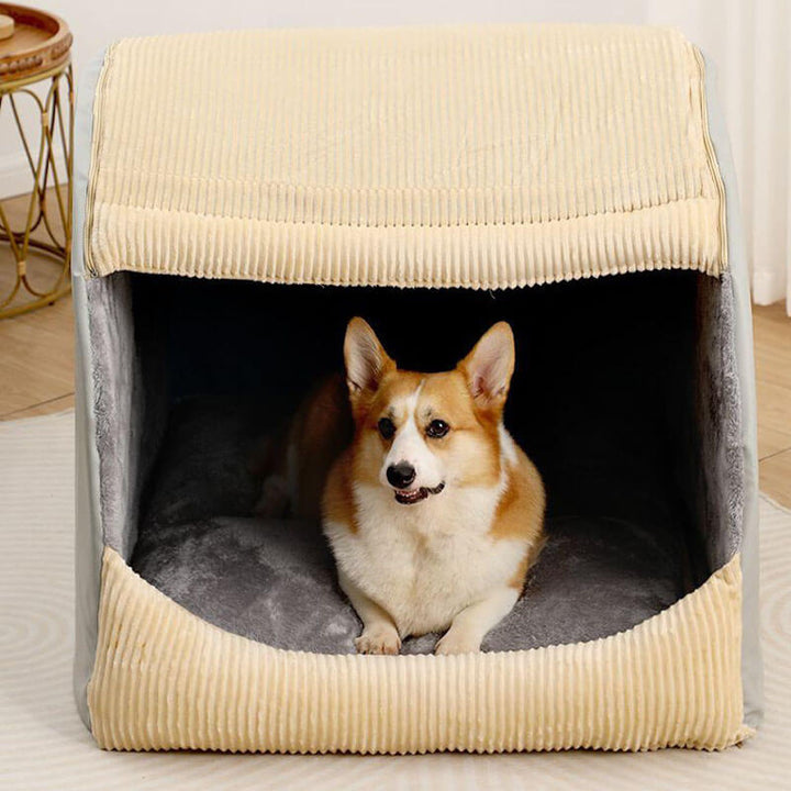 Warmes Hundezelt in Khaki, für große Hunde. Gemütliches Haustierbett mit weichem Flanell.