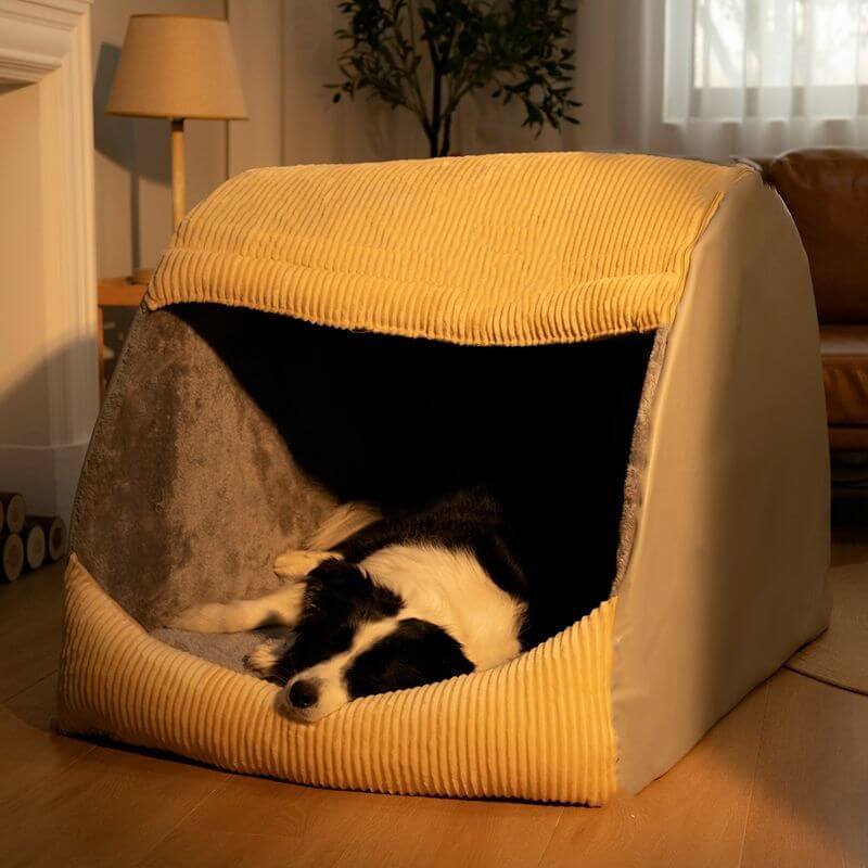 Luxuriöses, großes Hundebett in Grau. Halbgeschlossenes Design für sicheren, warmen Schlafplatz.