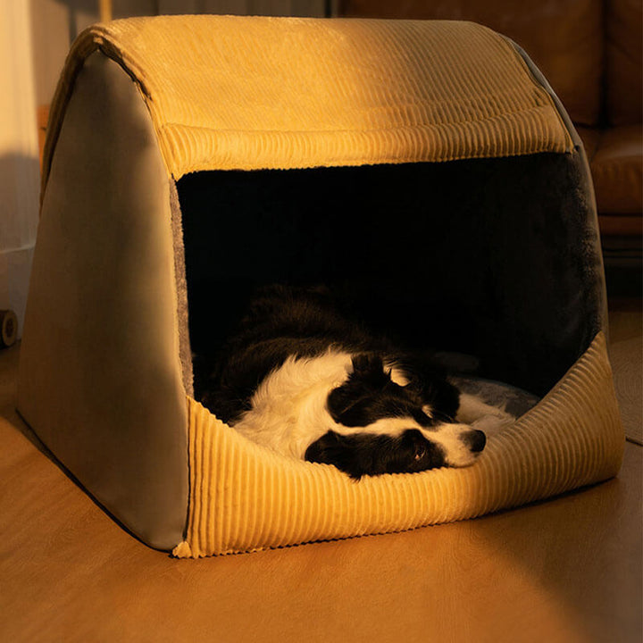 Großes Khaki-Hundezelt, warm & gemütlich. Robuster Schlafplatz für große Haustiere.