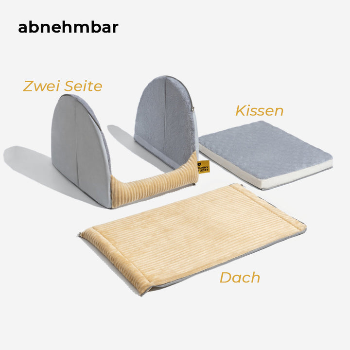 Großes Hundebett aus weichem Flanell, grau, mit abnehmbarem Dach. Idealer warmer Schlafplatz.