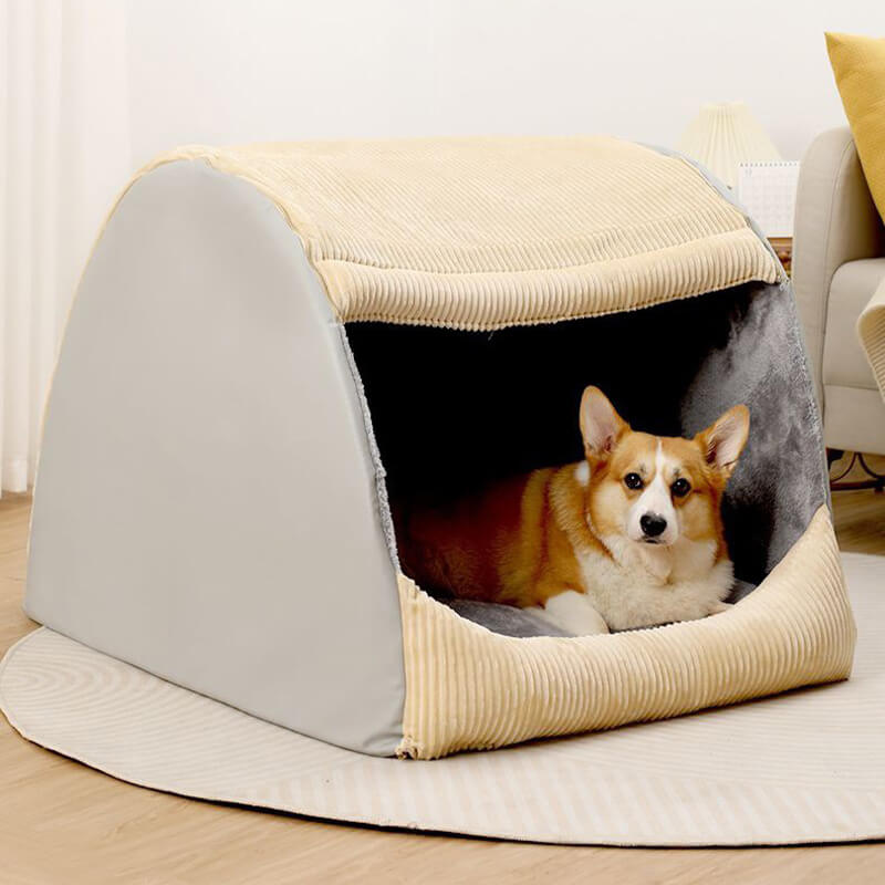 Graues Hundezelt für Tiere, gemütlich & warm. Abnehmbarer Bezug, perfekt für große Hunde.
