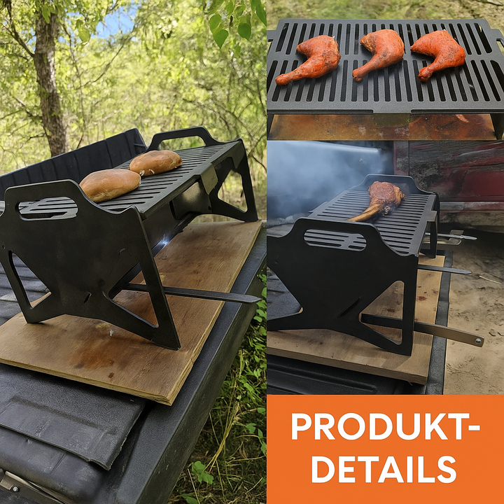 Verpackter GrillFix Compact Faltgrill. Extrem flach & leicht für einfachen Transport zum Camping oder Picknick.