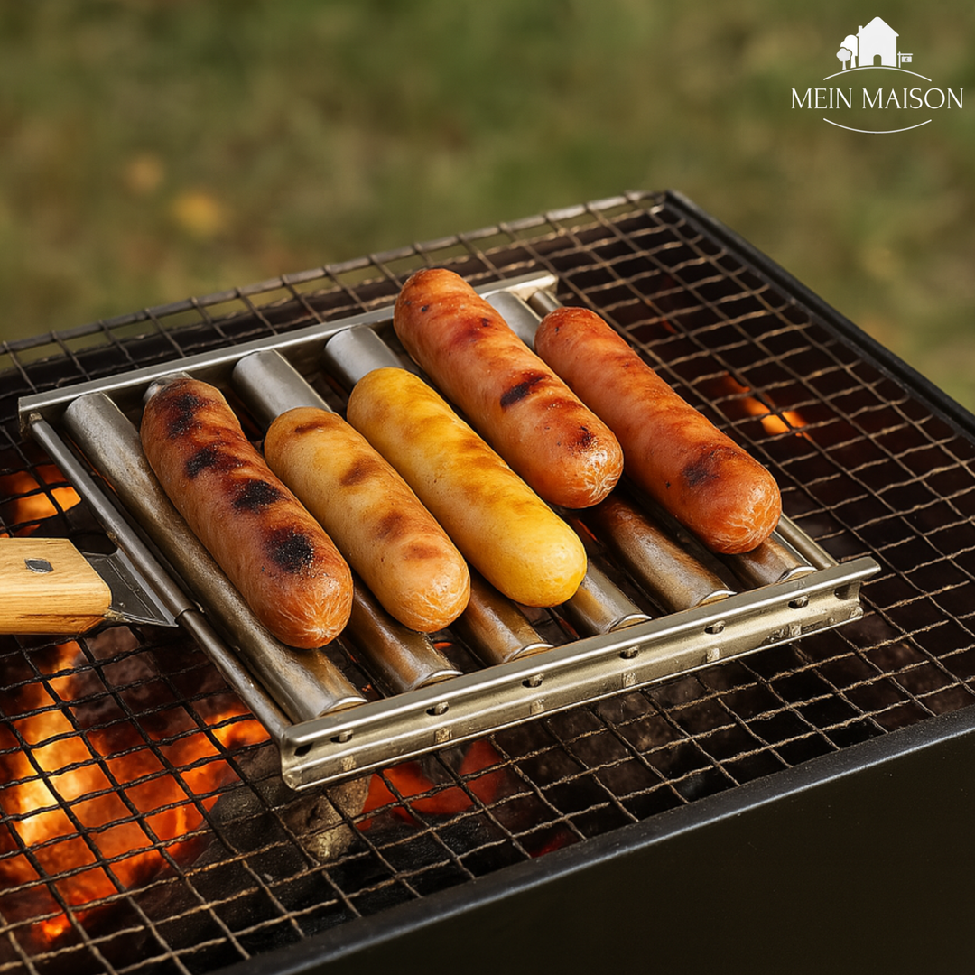 GrillRoll Hot-Dog-Roller aus Edelstahl für gleichmäßiges Grillen von Würstchen auf dem BBQ Rost. Perfekt gegart.