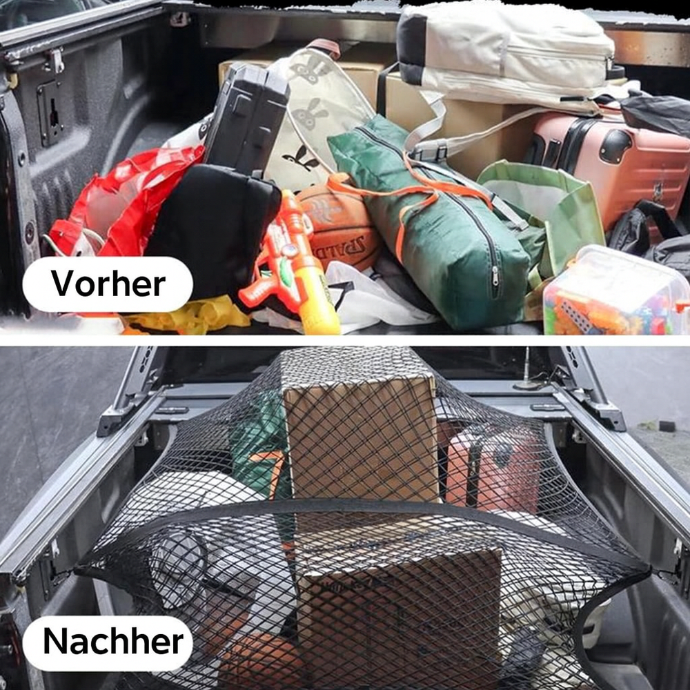 Elastisches Gepäcknetz im Kofferraum eines Autos, sichert Koffer & Taschen vor Verrutschen.