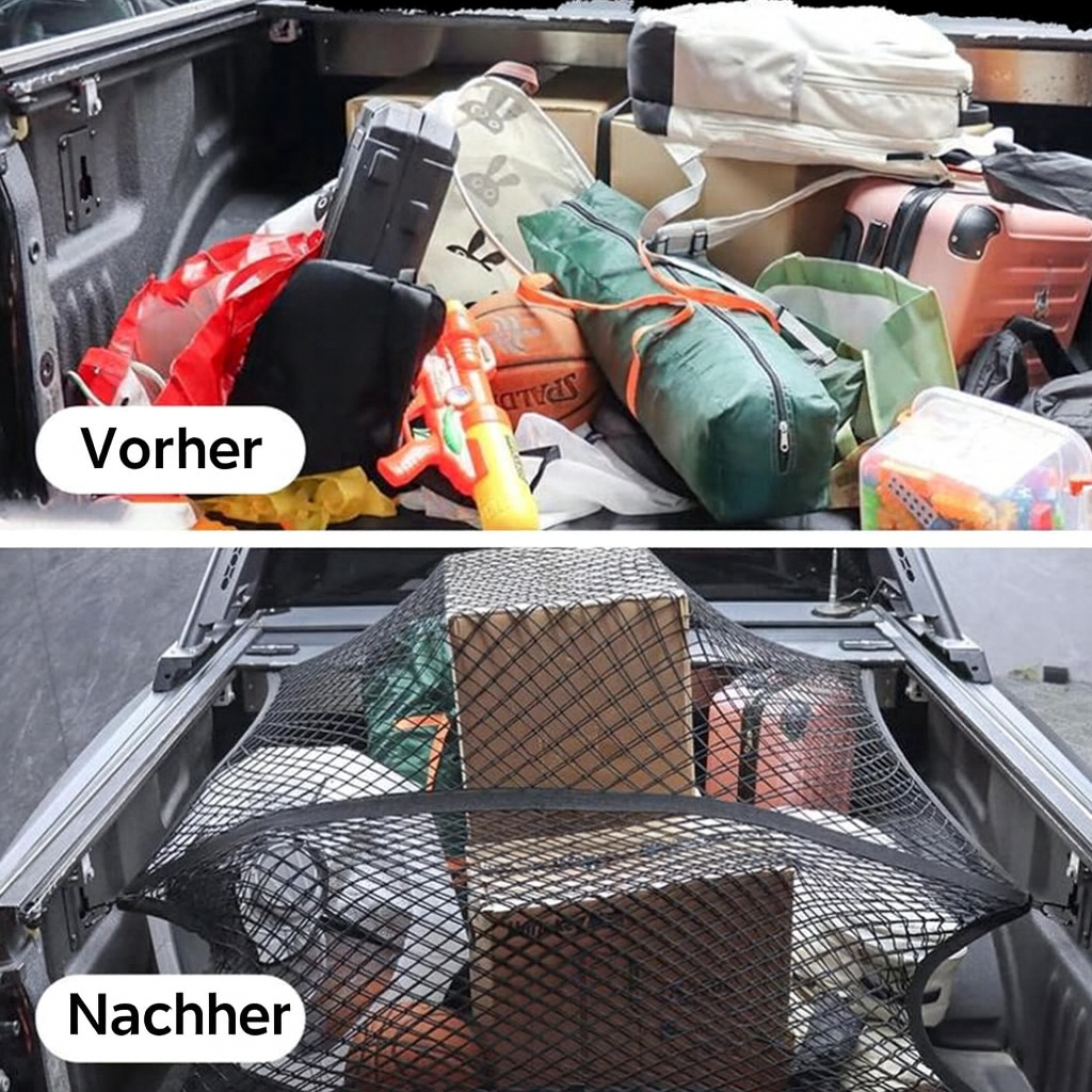 Elastisches Gepäcknetz im Kofferraum eines Autos, sichert Koffer & Taschen vor Verrutschen.