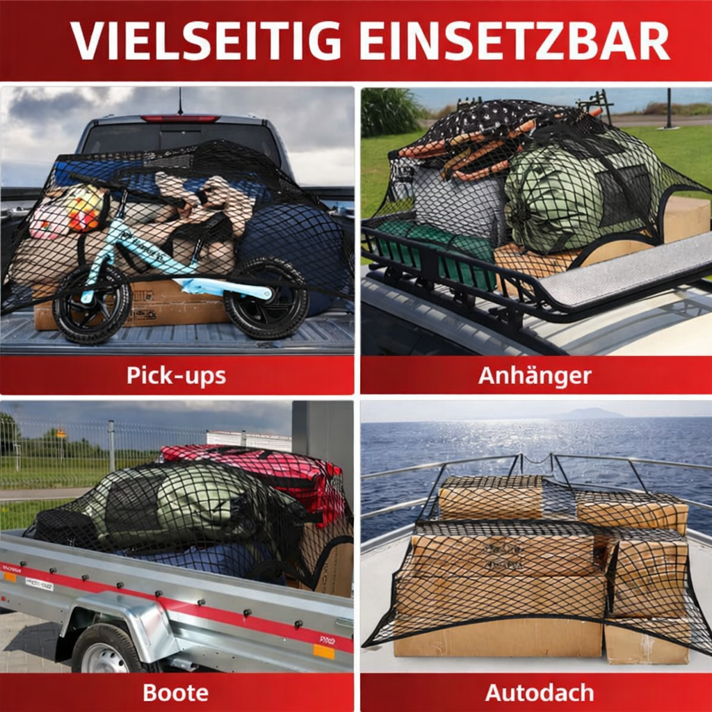 Flexibles Bungee Netz für die sichere Befestigung von Sportausrüstung & Campingzubehör.