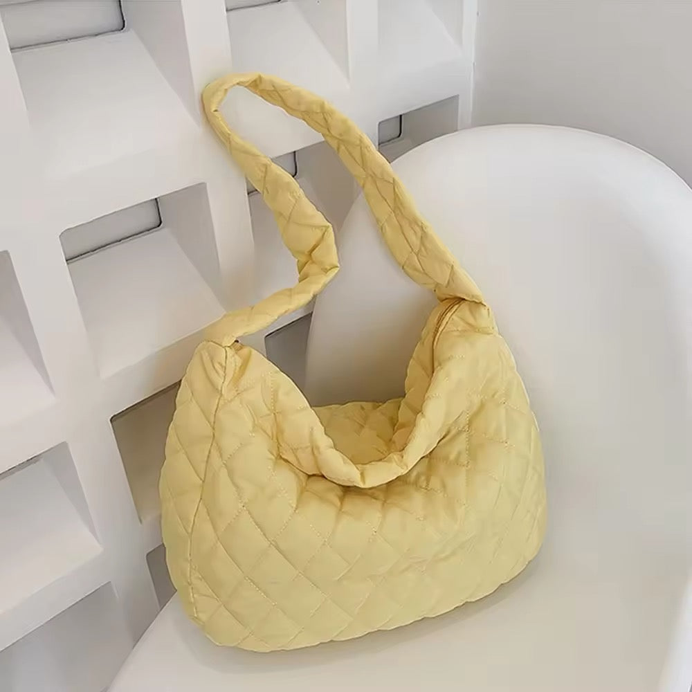 Praktische, große gelbe Damen Puffer Umhängetasche, wasserdicht & gesteppt, perfekt für Shopping & Freizeit.
