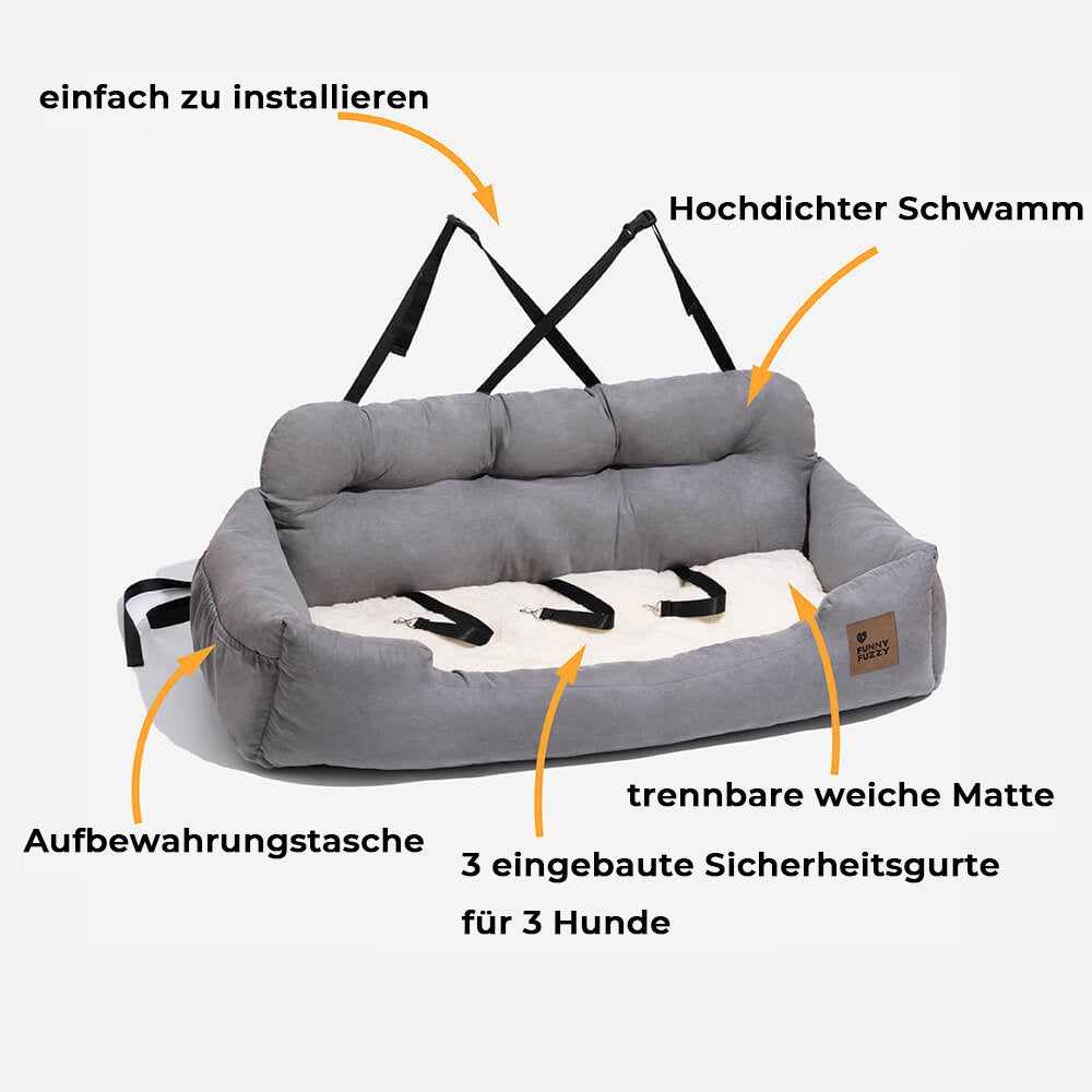 Hundeautositz groß, mit Befestigungsgurten & komfortabler Polsterung. Für jede Autofahrt.