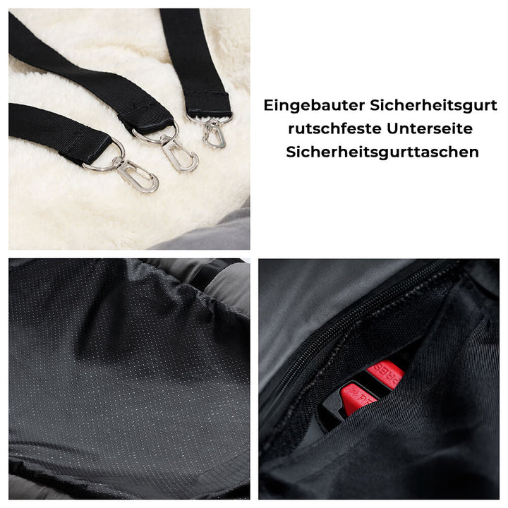Autositz für Hunde, gepolstert & mit Sicherheitsgurten. Bietet Komfort auf langen Reisen.