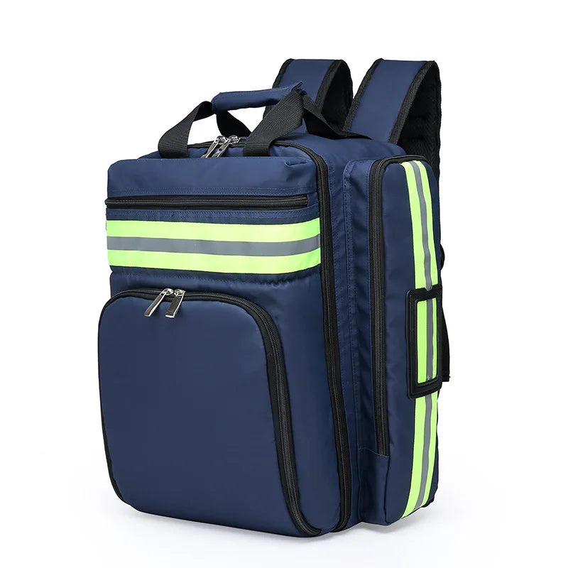 Geräumiger Erste-Hilfe-Rucksack mit vielen Innenfächern zur organisierten Aufbewahrung von Notfallausrüstung.