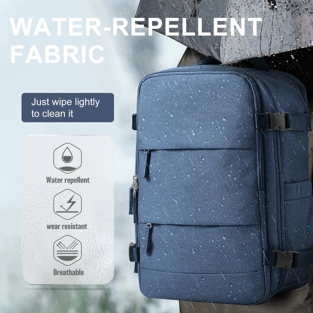 Unisex Rucksack getragen von einer Person, zeigt Passform & Stil des wasserdichten Reisebegleiters.