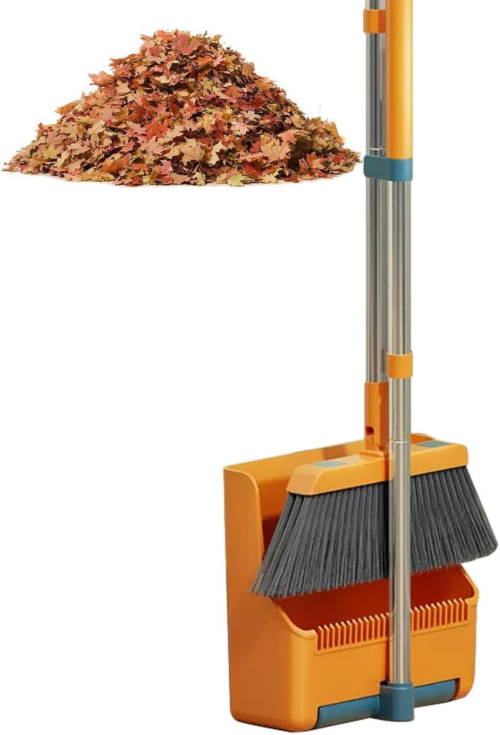 Besen- & Kehrschaufel-Set, langer Stiel & 180° drehbarer Kopf für bequemes und gründliches Putzen.