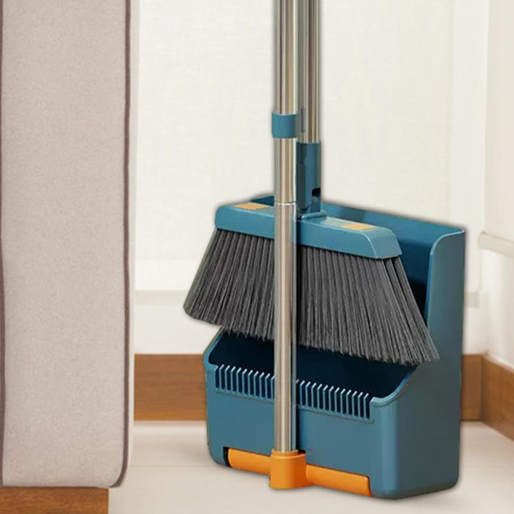 Ergonomisches Besen- und Kehrschaufel-Set mit extra langem Stiel für rückenschonendes Kehren im Haushalt.