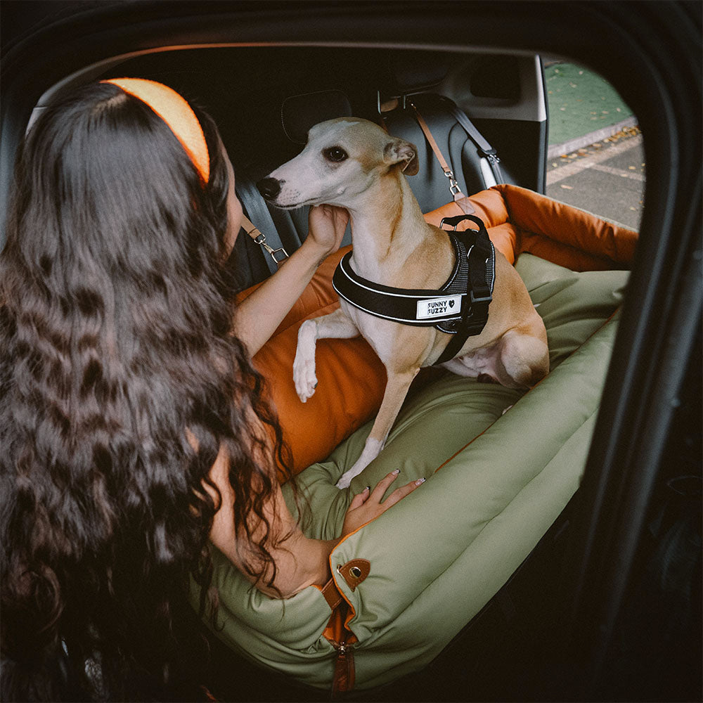Pflegeleichtes Kunstleder Hundeautositz-Bett, komfortables Reisebett für große Hunde.