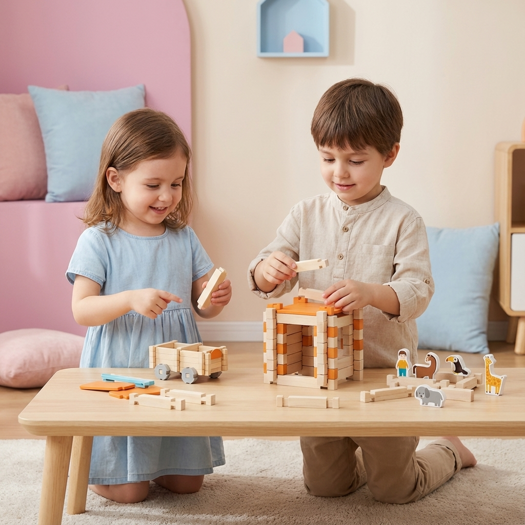 Großes Set bunter Holz-Bausteine für Kinder, ideal zum Stapeln und Bauen, fördert Kreativität und Feinmotorik.