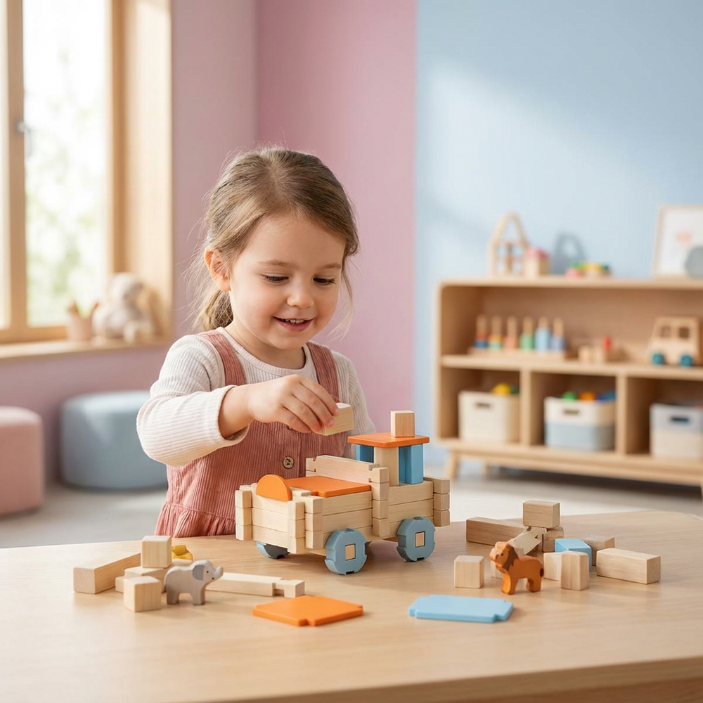 Montessori Holz-Bausteine für Kleinkinder. Dieses Lernspielzeug fördert logisches Denken und die Entwicklung der Feinmotorik.