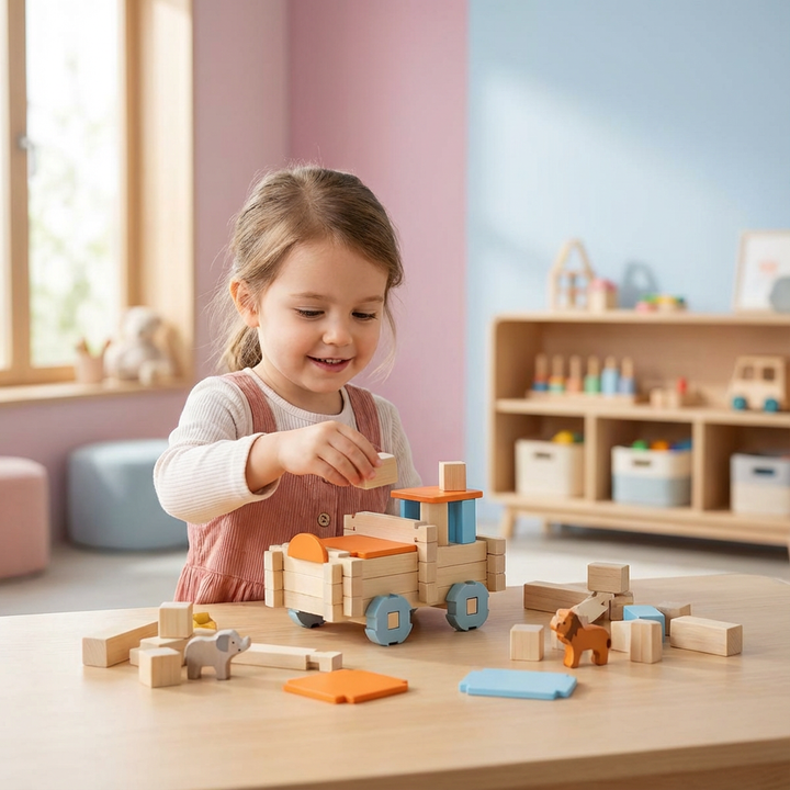Montessori Holz-Bausteine für Kleinkinder. Dieses Lernspielzeug fördert logisches Denken und die Entwicklung der Feinmotorik.