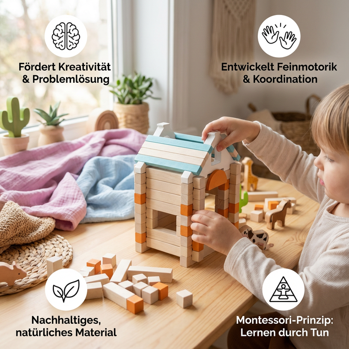 Kreatives Holz-Konstruktionsspielzeug: Bausteine in verschiedenen Formen und Farben, ideal für fantasievolles Bauen.