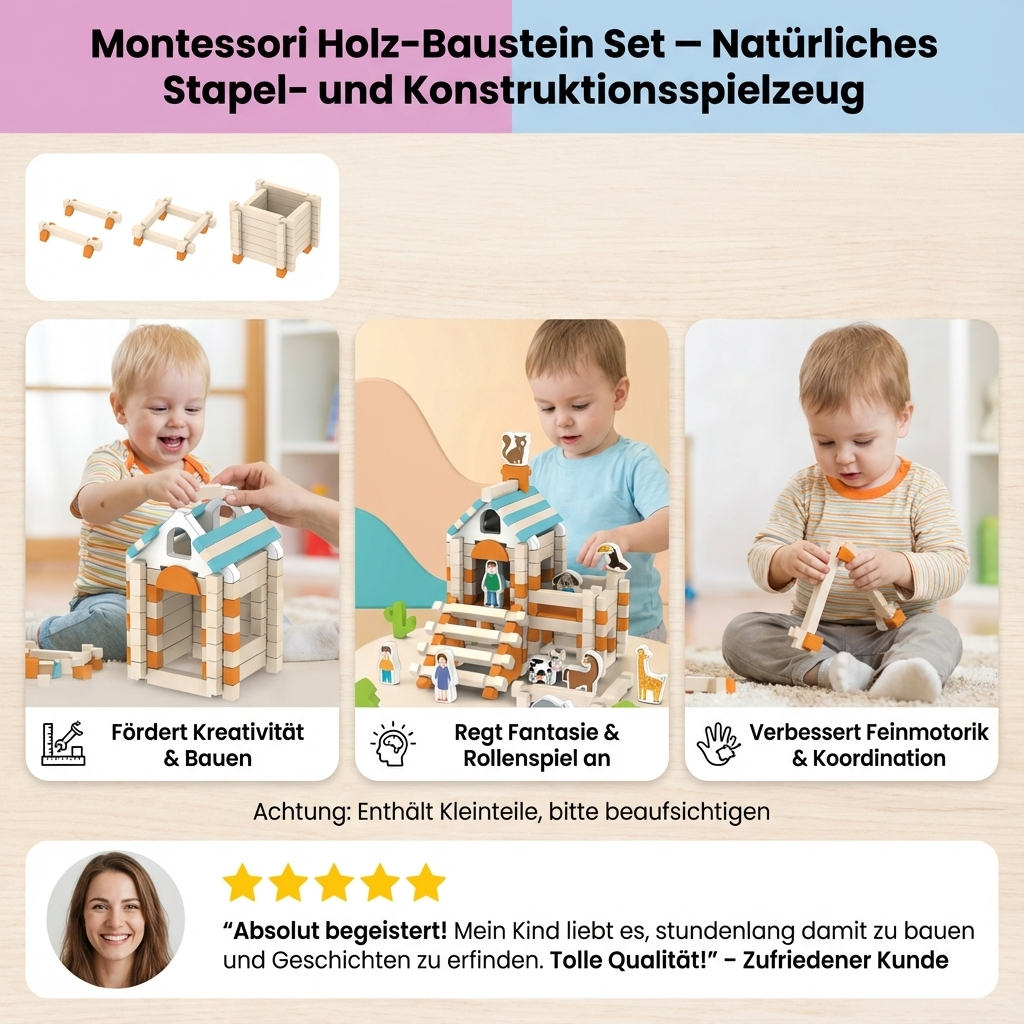 Pädagogisches Stapelspielzeug aus Holz für Kinder, verbessert die Feinmotorik, Hand-Auge-Koordination und Konzentration.