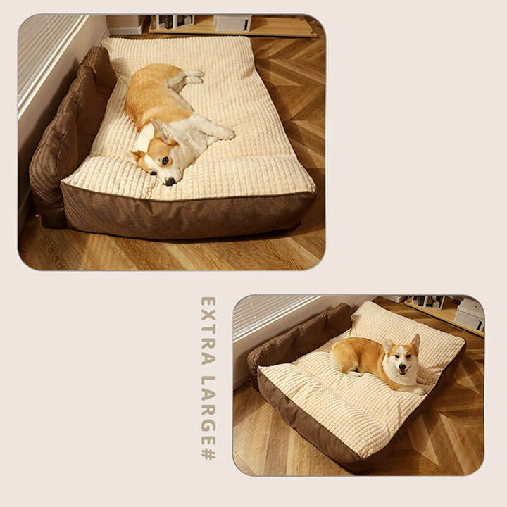 Großes Eck-Tierbett, waschbar, weich & komfortabel für alle Hunderassen & Katzen.