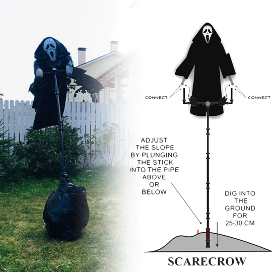 Furchteinflößende Grusel-Screamer Vogelscheuche mit langem Stock, perfekt als Outdoor-Schreck für Halloween-Garten.