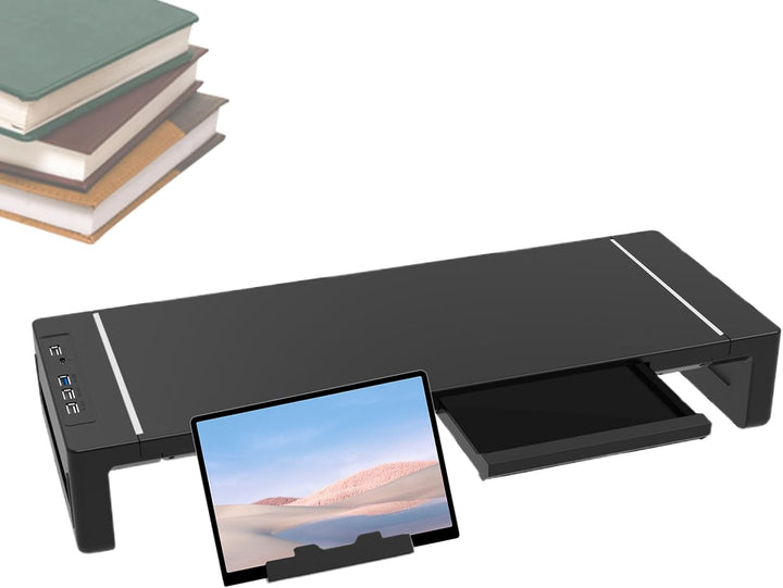 Monitorständer mit integrierter Schublade für Stifte & Zubehör; 4-Port USB-Hub lädt Geräte am PC-Tisch.