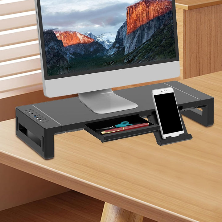 Höhenverstellbare Monitorerhöhung Stravon, optimiert Blickhöhe, mit Schublade & vielseitigem USB-Hub.