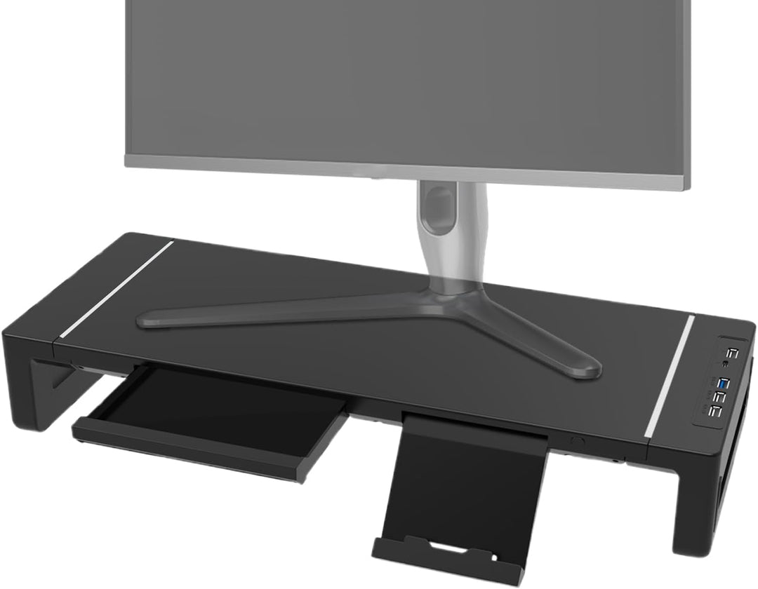 Cleverer Schreibtisch-Organizer: Höhenverstellbarer Monitorständer mit Schublade & USB-C/A Hub in weiß.