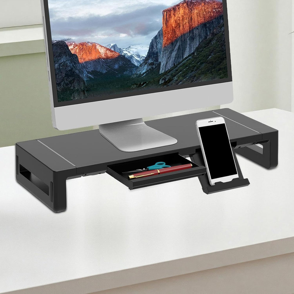 Ergonomischer Bildschirmständer für verbesserten Blickwinkel, mit praktischer Schublade & USB-C/A Hub.