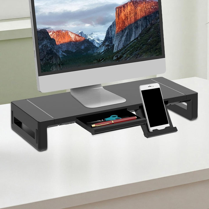 Ergonomischer Bildschirmständer für verbesserten Blickwinkel, mit praktischer Schublade & USB-C/A Hub.