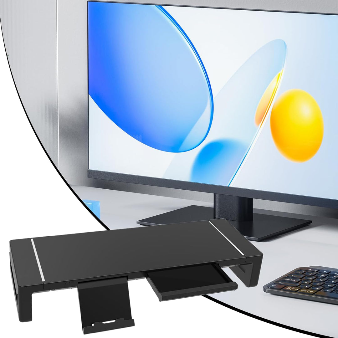 Moderner Monitorständer mit Stauraum-Schublade & integriertem USB-Hub; ideal für einen aufgeräumten Schreibtisch.