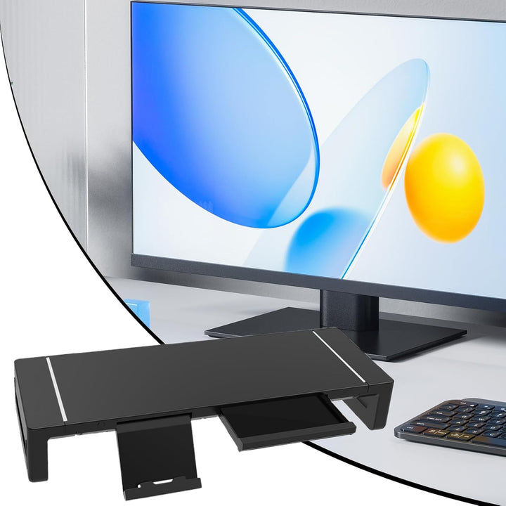 Moderner Monitorständer mit Stauraum-Schublade & integriertem USB-Hub; ideal für einen aufgeräumten Schreibtisch.