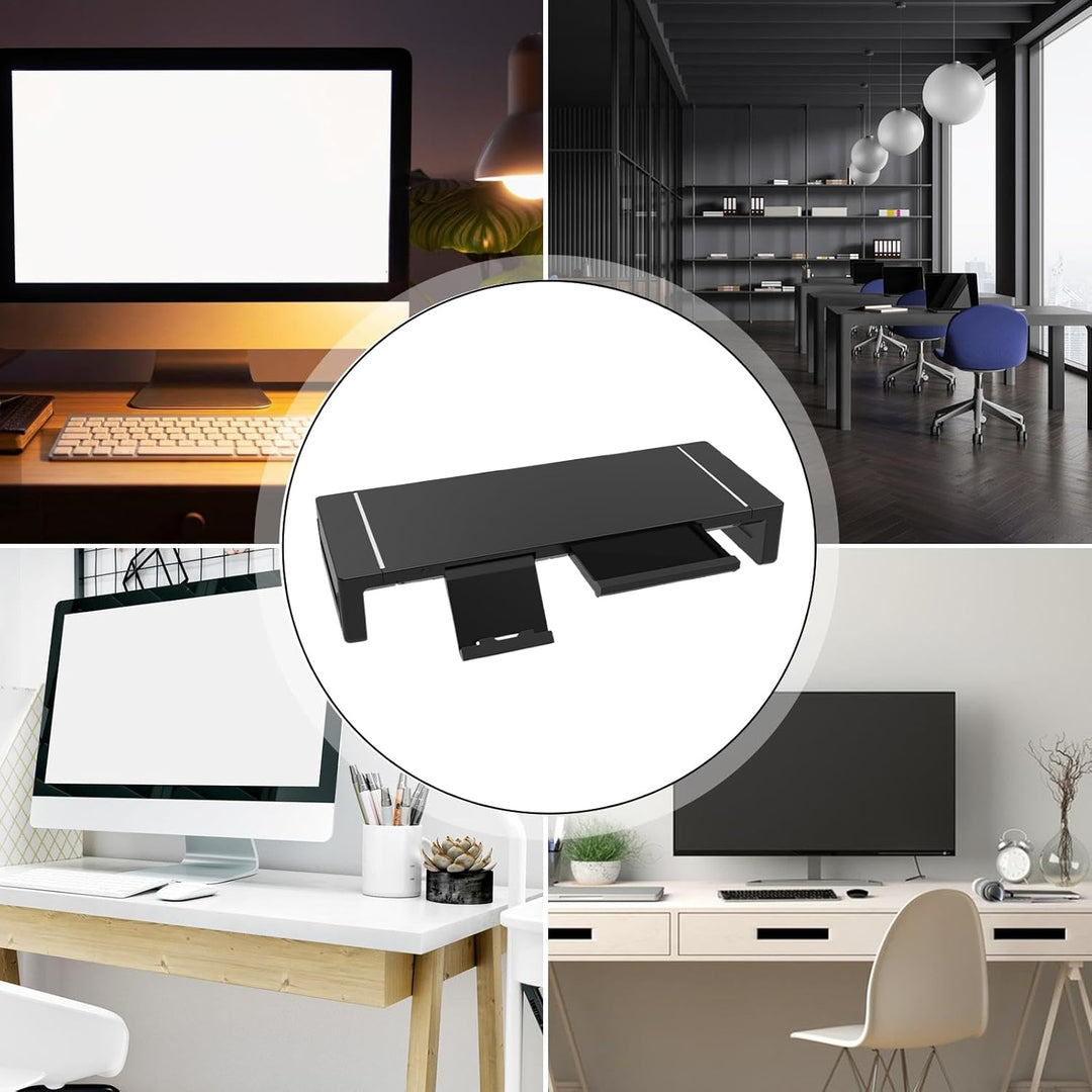 Robuster Monitorerhöhung Stravon für Büro & Home-Office, höhenverstellbar mit Schublade & USB-Anschlüssen.