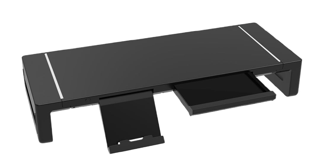 Schreibtischorganizer Stravon: Monitorständer mit ausziehbarer Schublade & USB-Hub für effizientes Arbeiten.