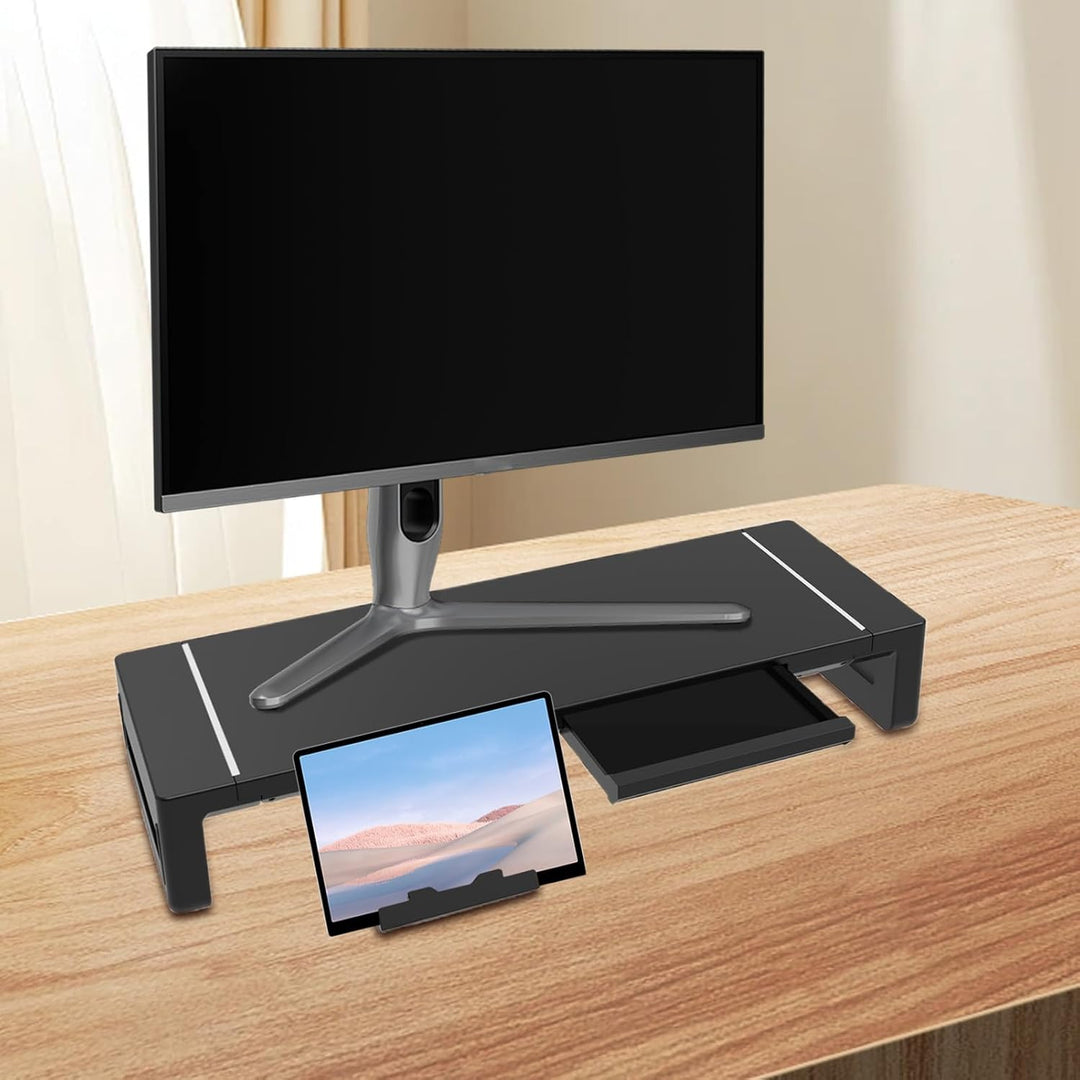 Ergonomischer Computertisch-Monitorständer, verbessert die Haltung, mit praktischer Schublade & USB-Hub.