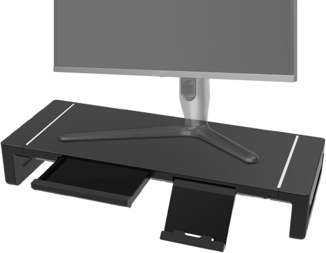 Stilvoller Monitorständer für den Arbeitsplatz, inklusive Schublade zur Aufbewahrung & schnellem USB-Hub.