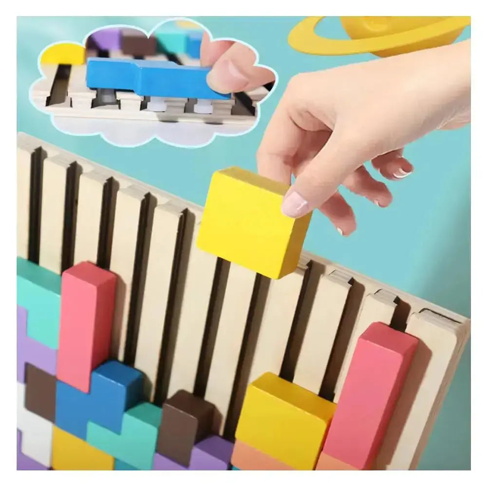 Detailansicht der glatten, farbigen Holzbausteine des nachhaltigen Balance-Stapelspiels für Kinder.