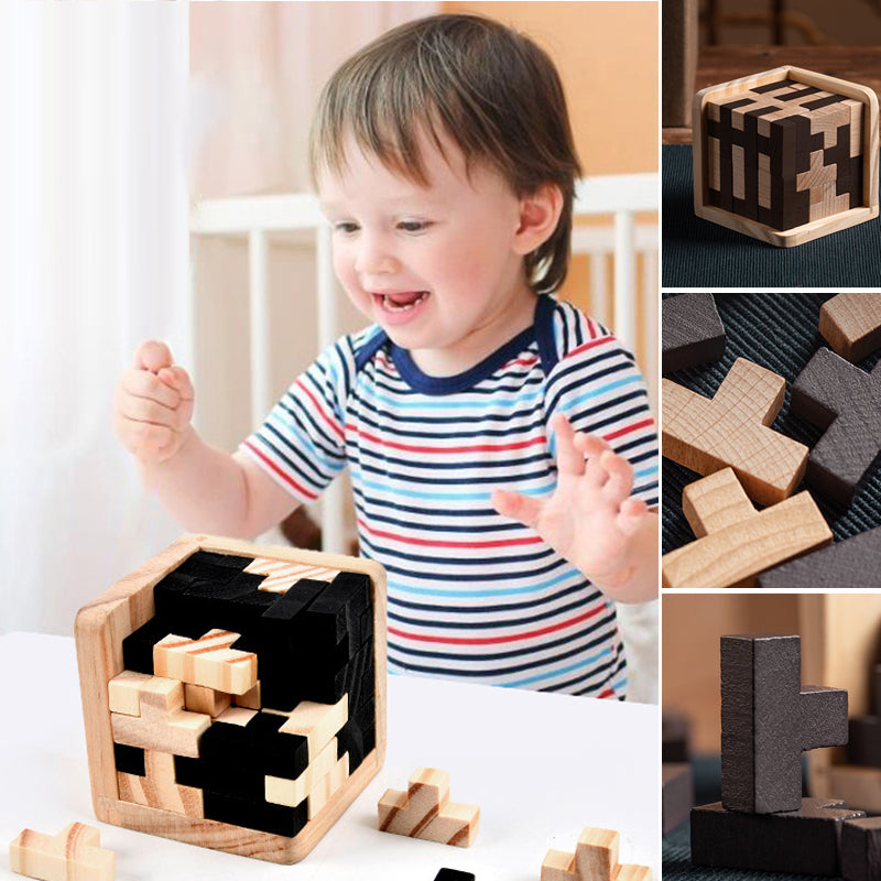 Unstrukturiertes Holzpuzzle, bereit zum Lösen, ein fesselndes Logikspiel für konzentrierten Spielspaß.